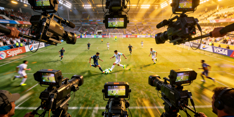 多台摄像机从不同角度拍摄足球比赛的场景